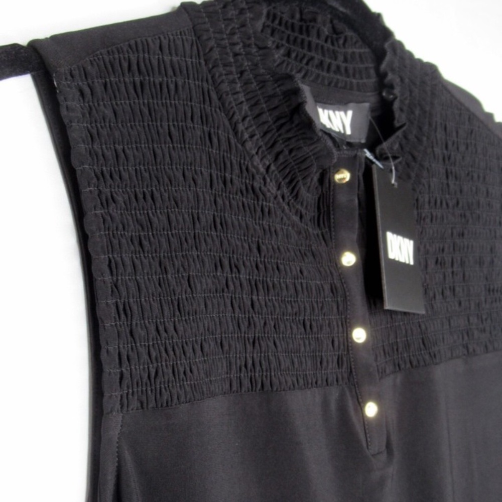 NEW DKNY Womens Black Sleeveless Ruffle Trim Size Large Blouse Gold Buttons